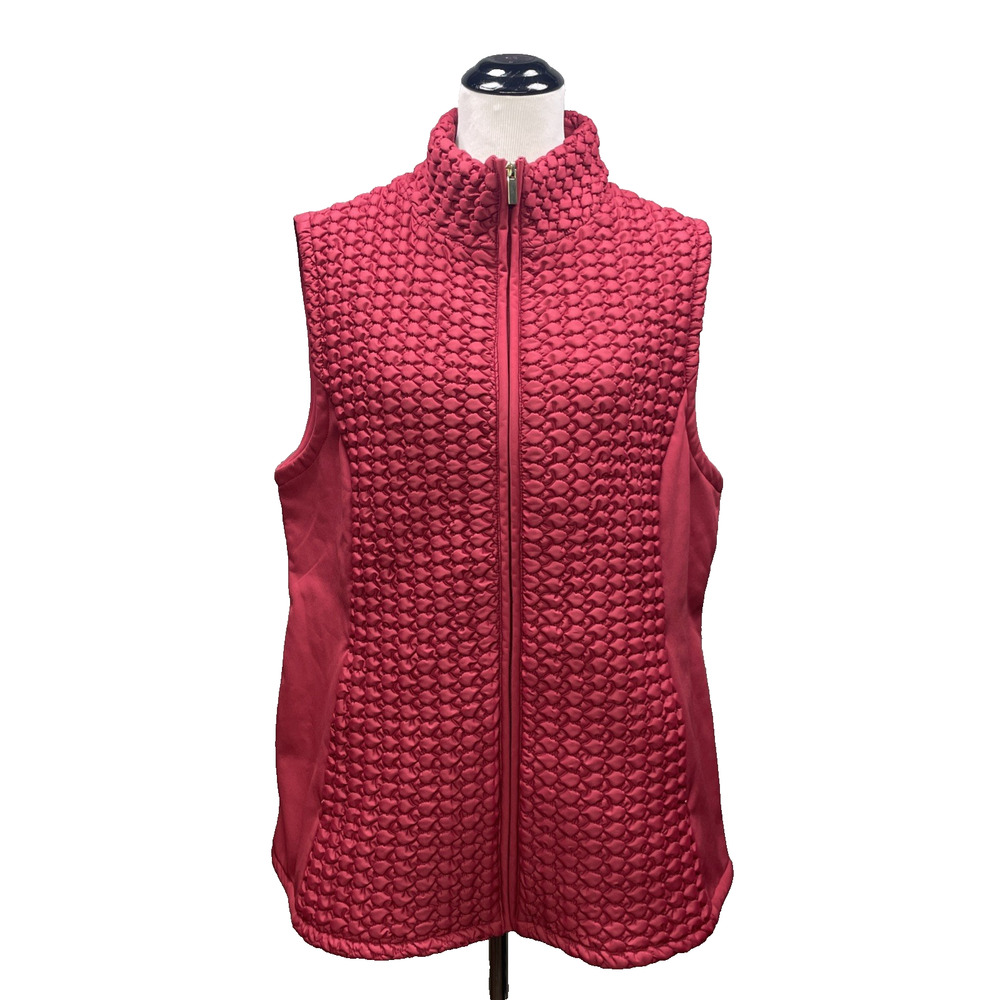 Susan Graver Dark Pink Quilted Puffer Vest XL Zip Up Textured Mock Neck Slv-less